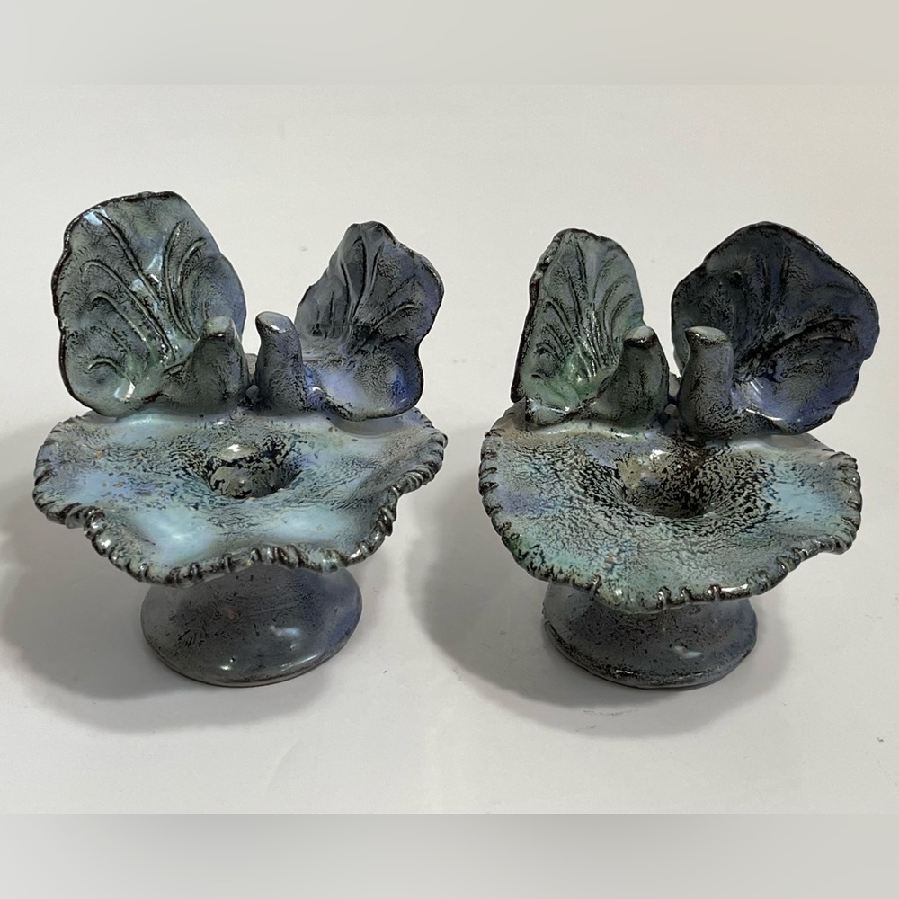 Ballas Studio Pottery Blue Purple Love Birds Pedestal Candle Holders Set Of 2
